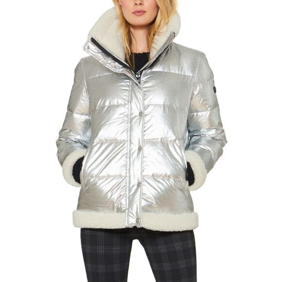 New! SANCTUARY Women's Metallic Puffer Jacket Faux Shearling Trim Size Small - Picture 2 of 10